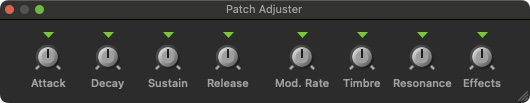 Patch Adjuster with eight knobs: Attack, Decay, Sustain, Release, Mod. Rate, Timbre, Resonance and Effects
