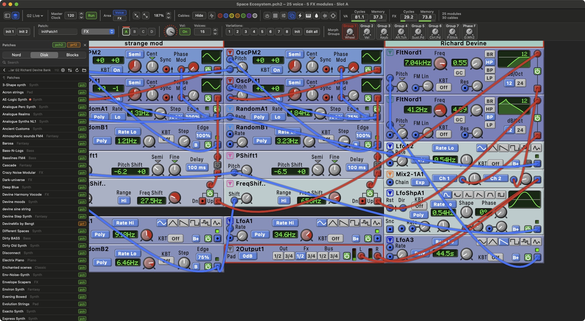 The patch zoomed in to 187 percent, with sharp knobs, displays and cables