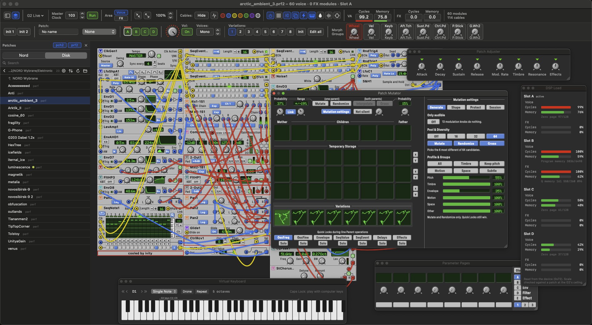 Cube G2 Editor with a performance open: modules and cables on the patch, Patch Mutator, DSP Load, Parameter Pages and the on-screen keyboard