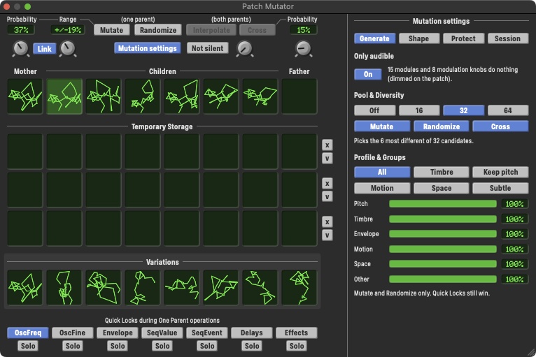 Patch Mutator with six children bred from Mother, the eight variations and the Mutation settings panel on the Generate tab