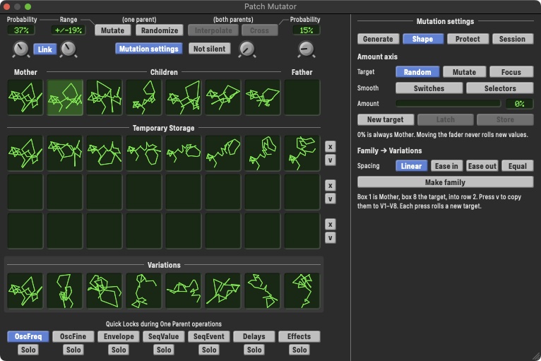 Patch Mutator Shape tab: Amount fader towards a target and a family of eight sounds in Temporary Storage